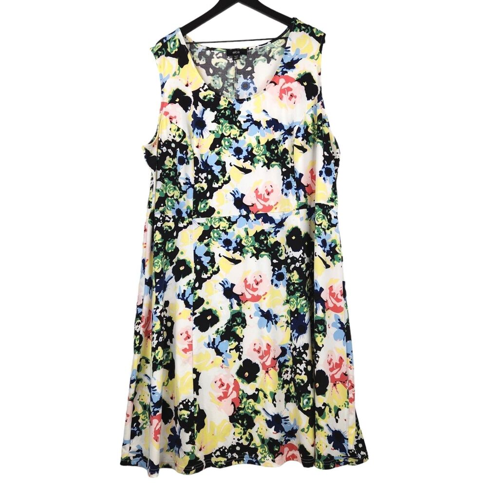 Ellos Plus Size 2X (26/28) Tank Dress Abstract Floral Midi Stretch Wedding Guest